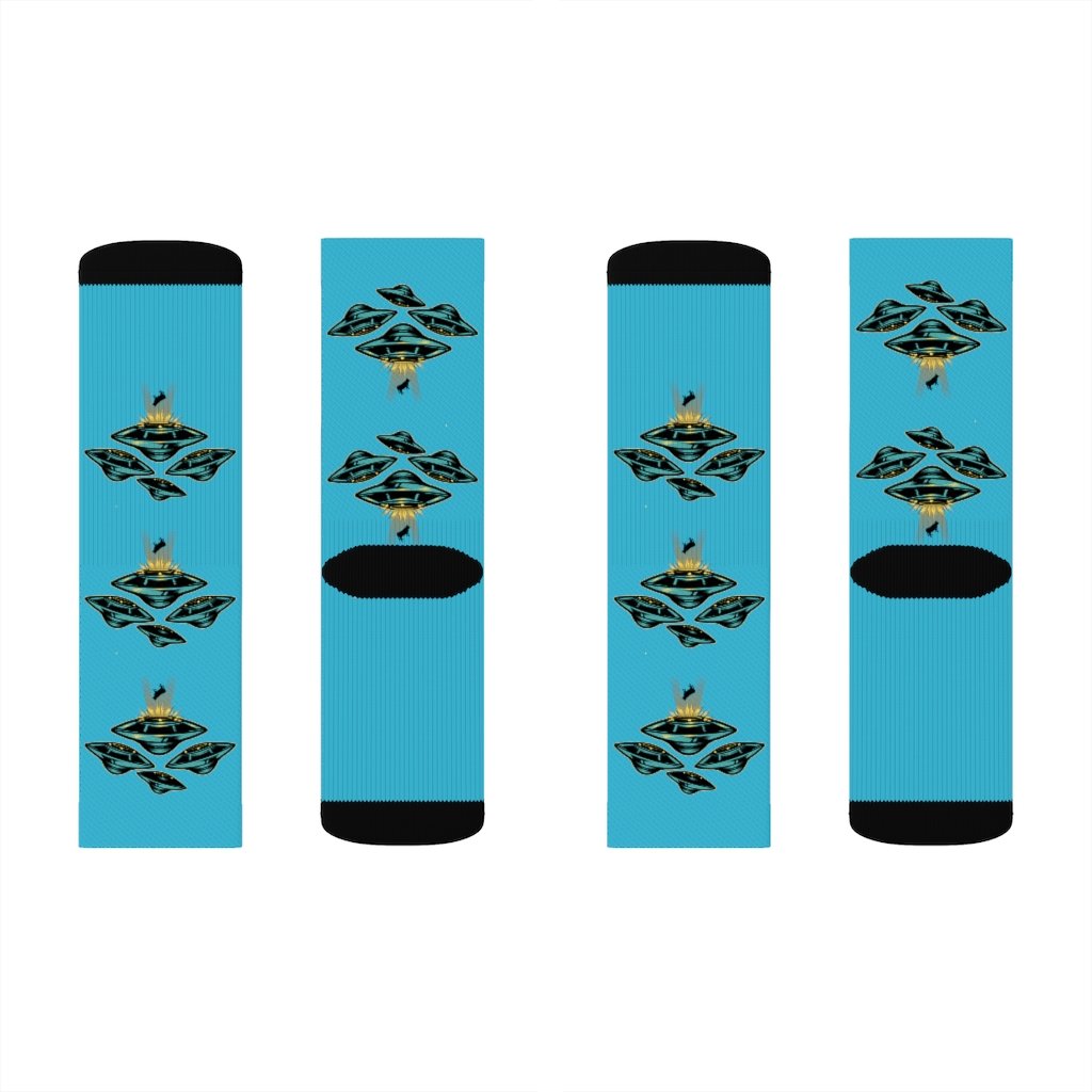 Yellow Pandora UFO Area 51 socks featuring alien and spaceship designs, made of soft, comfortable fabric.