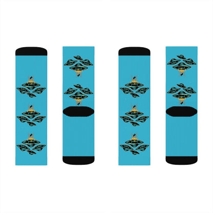 Yellow Pandora UFO Area 51 socks featuring alien and spaceship designs, made of soft, comfortable fabric.