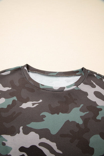 Camo textured drop shoulder long sleeve top by Byzantium Bay, showcasing a stylish camouflage design and relaxed fit.