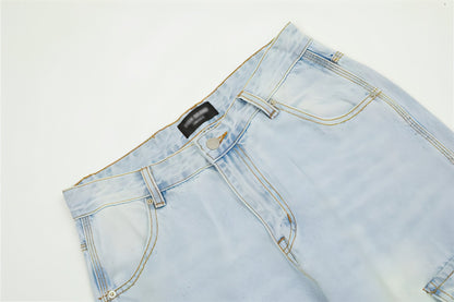 Light wash DenimDare™ Cargo Jeans for men by Carmine Juneberry, showcasing relaxed fit and multiple cargo pockets.