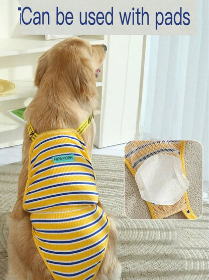 Striped physiological pet functional clothing by Pear Daisy, designed for comfort and health, shown on a small dog in a home setting.