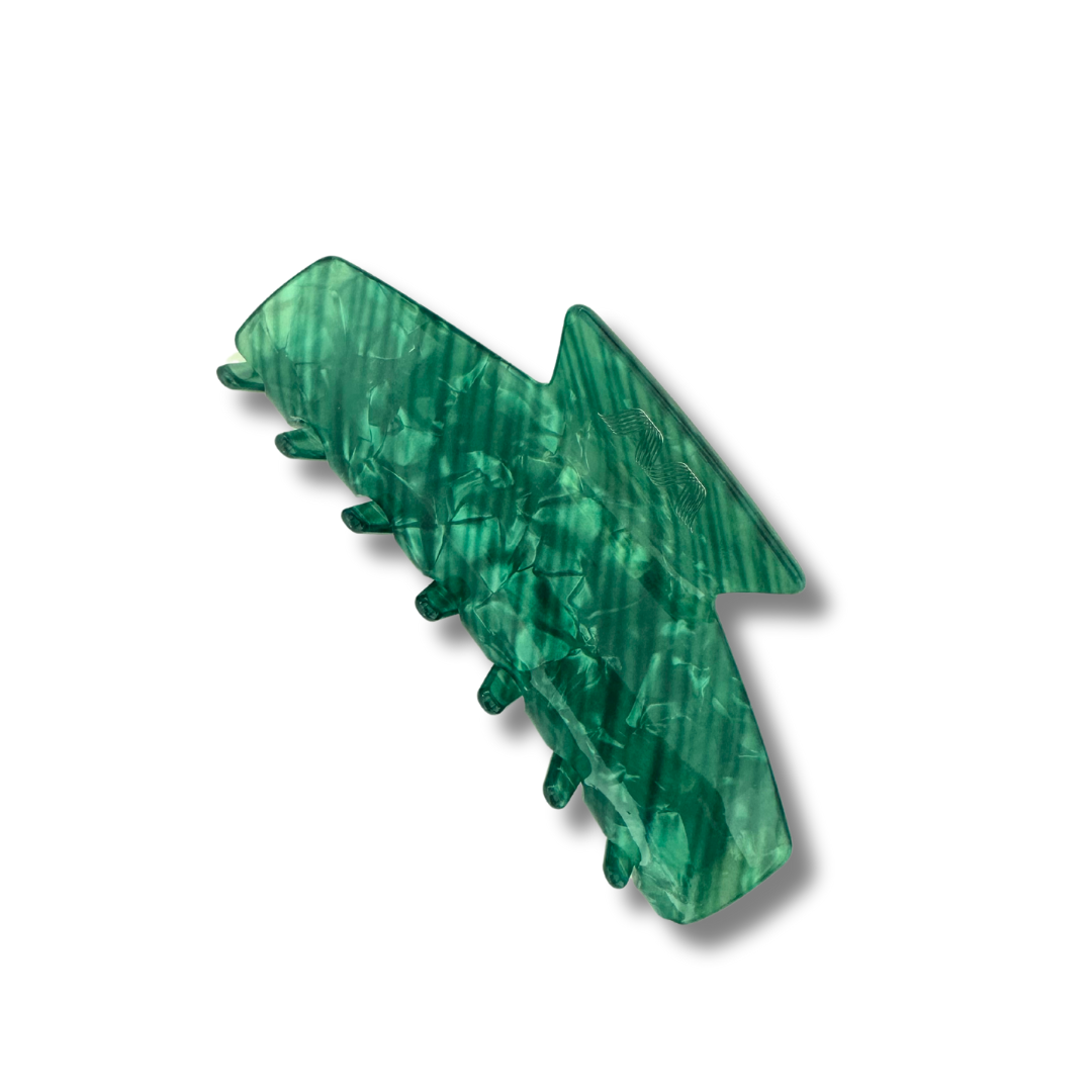 Green Saffron Jade Hair Claw for hair styling, featuring smooth, polished jade with a secure grip and elegant design.