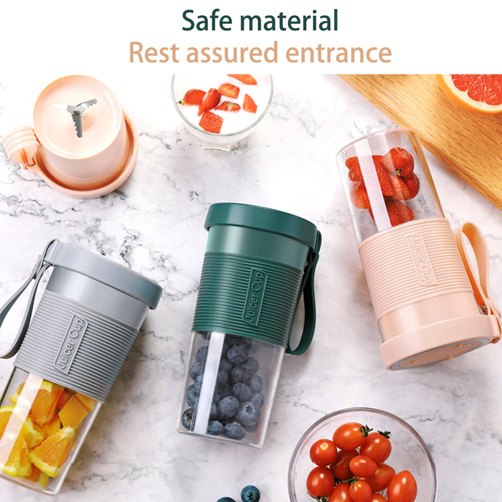 Mini USB rechargeable portable electric fruit juicer from Maroon Asteria, showing compact design and juicing components.