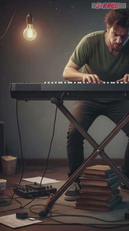Start2Finish 5 Core keyboard stand with 2 tiers for 61, 76, or 88-key keyboards, made of durable heavy-duty aluminum.