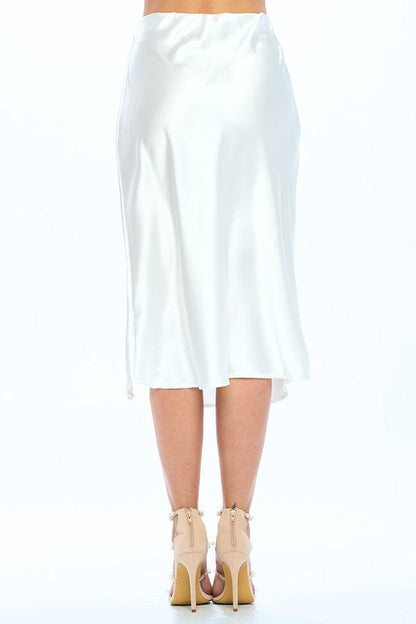 Jade Icarus made in USA solid stretch satin midi skirt, shown in a sleek, smooth fabric with a fitted waist and midi length.