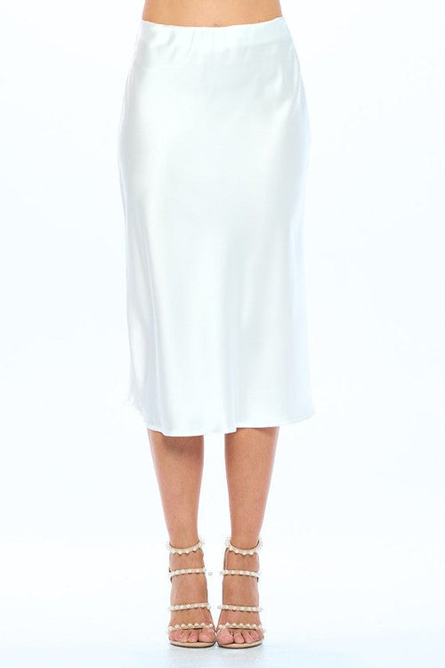 Automotive part image featuring Jade Icarus Made in USA solid stretch satin midi skirt with a sleek, smooth fabric finish.