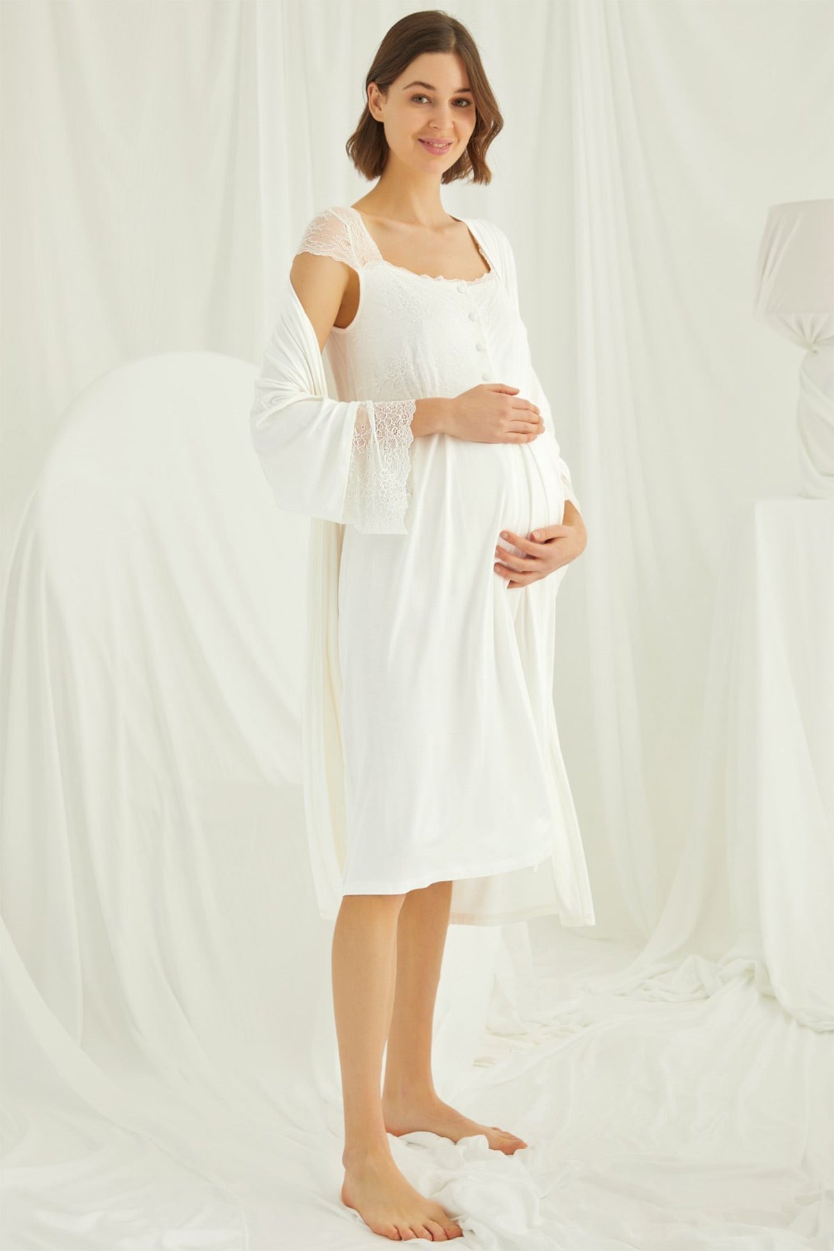 Burgundy Artemis Shopymommy lace maternity and nursing nightgown with matching robe set in ecru, featuring delicate lace details.