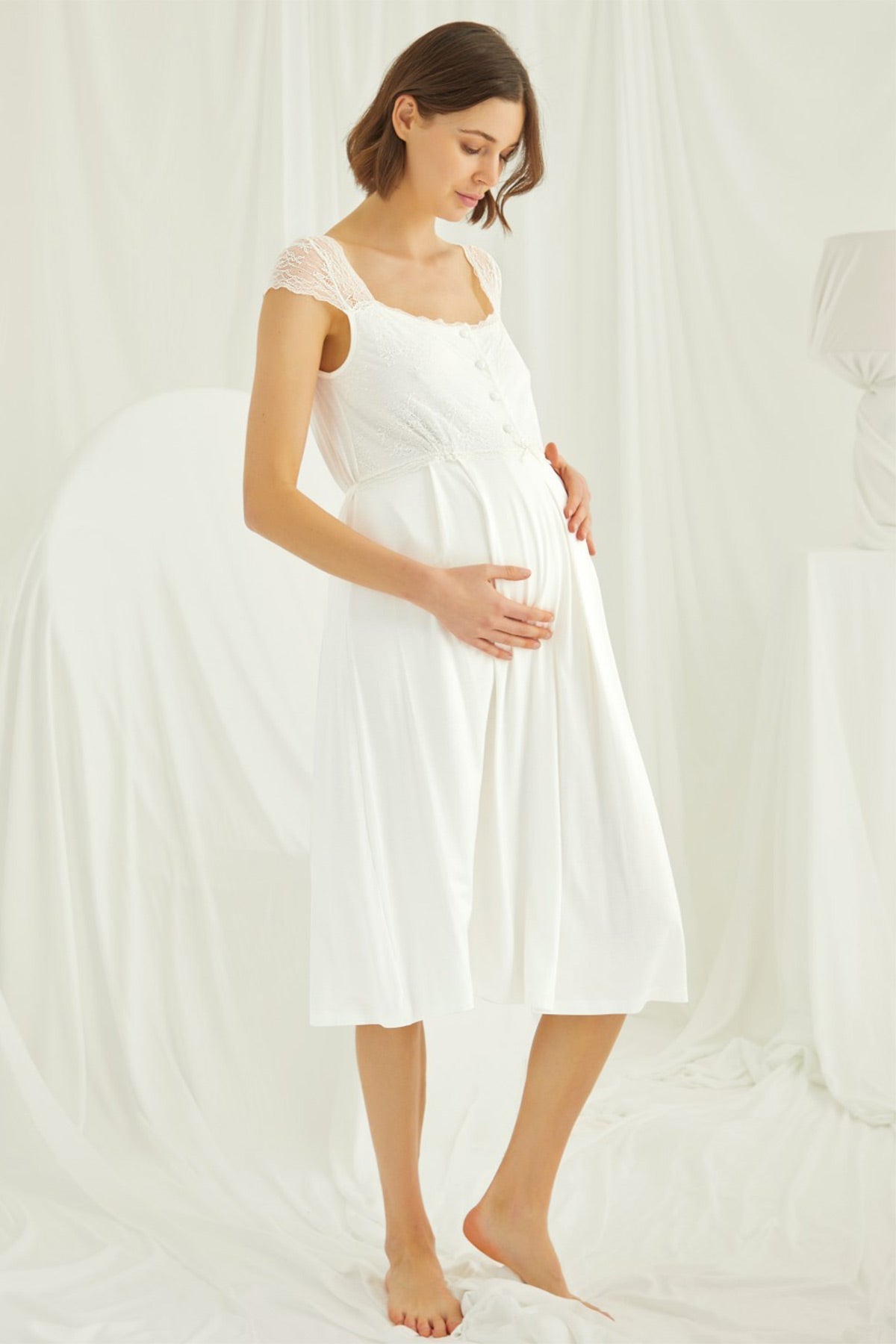 Burgundy Artemis Shopymommy lace maternity and nursing nightgown with matching robe in ecru, soft and comfortable lingerie set