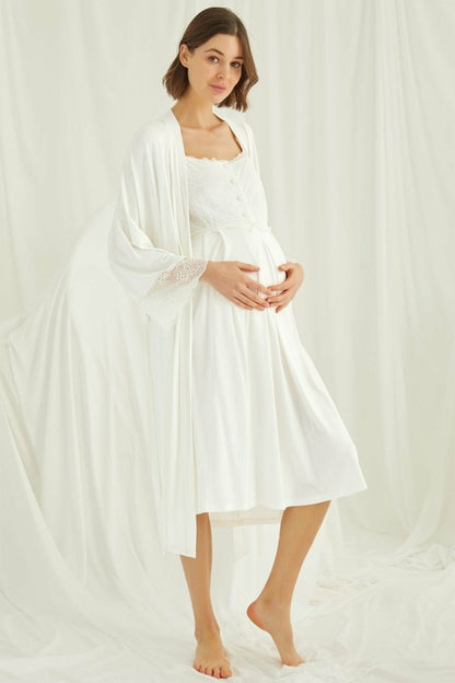 Burgundy Artemis Shopymommy lace maternity and nursing nightgown with matching robe set in ecru, featuring delicate lace details.