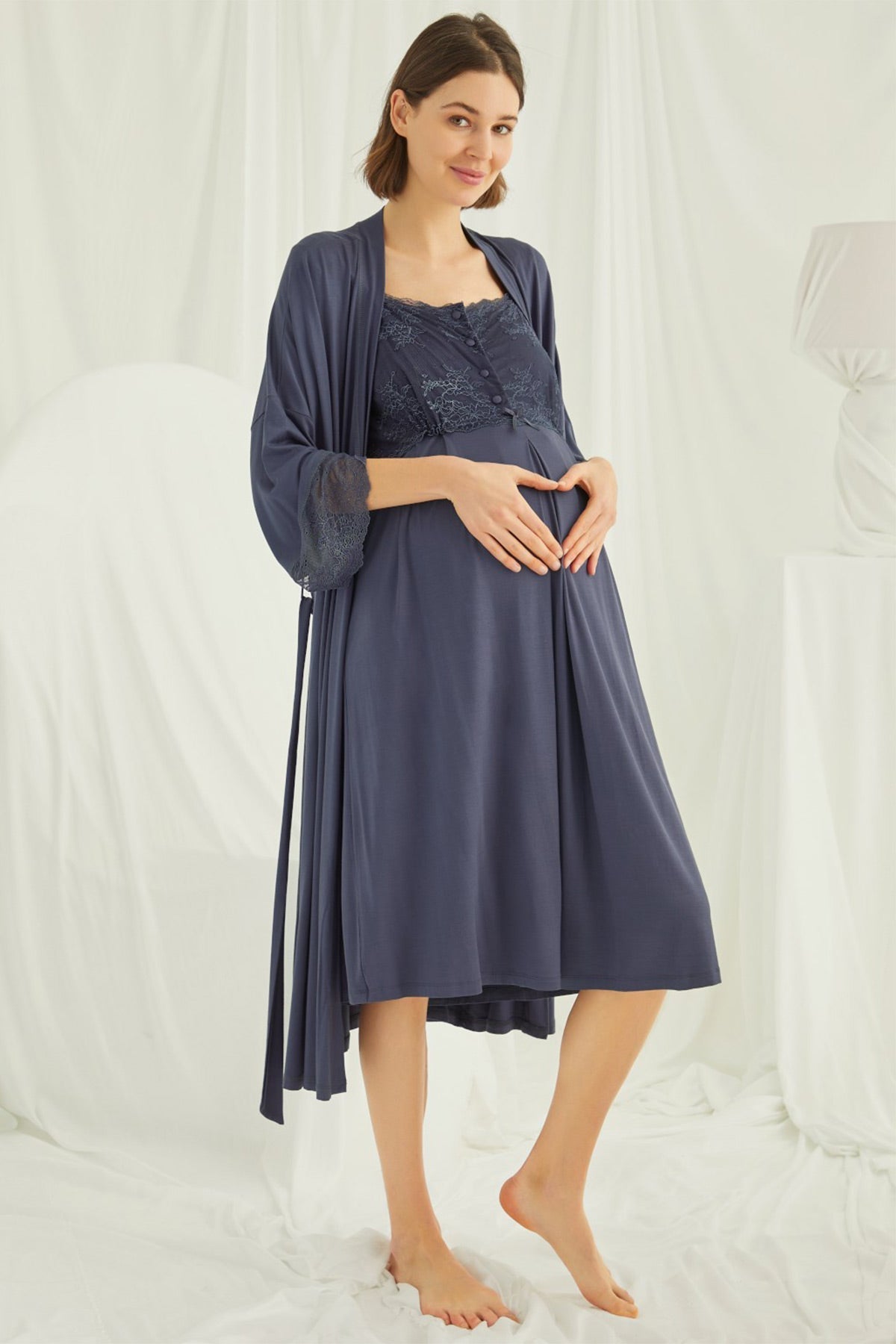 Navy lace maternity and nursing nightgown with matching robe set by Burgundy Artemis, featuring delicate lace details and comfortable fit.