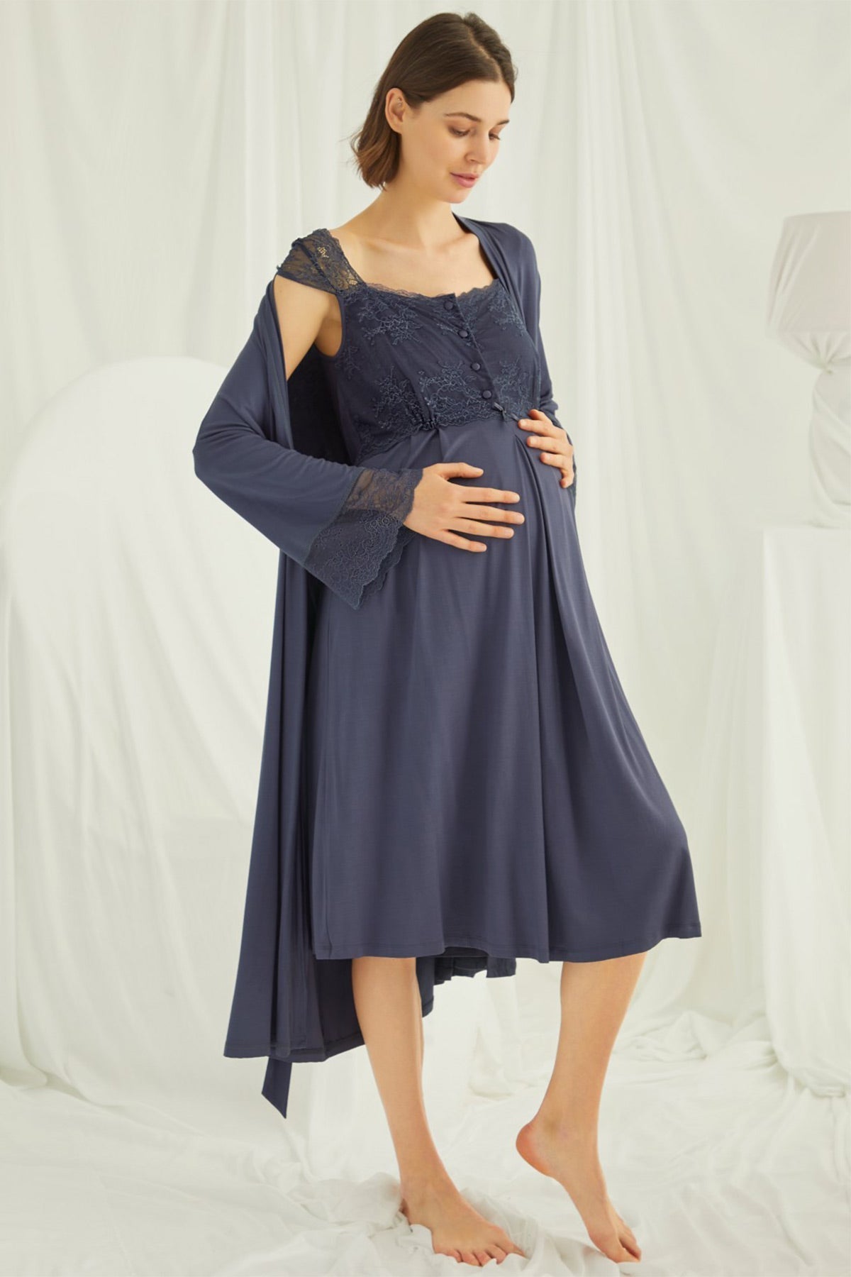 Navy lace maternity and nursing nightgown with matching robe set by Burgundy Artemis, soft and comfortable lingerie for nursing moms.