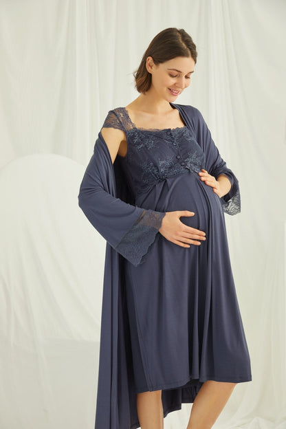 Navy lace maternity and nursing nightgown with matching robe set by Burgundy Artemis, featuring delicate lace details and comfortable fit.