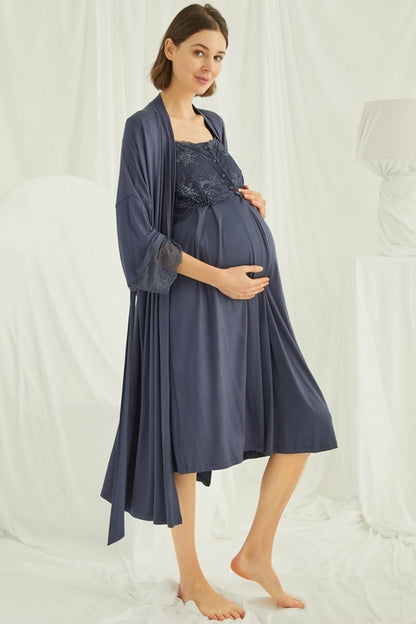 Navy lace maternity and nursing nightgown with matching robe set from Burgundy Artemis, featuring delicate lace details.