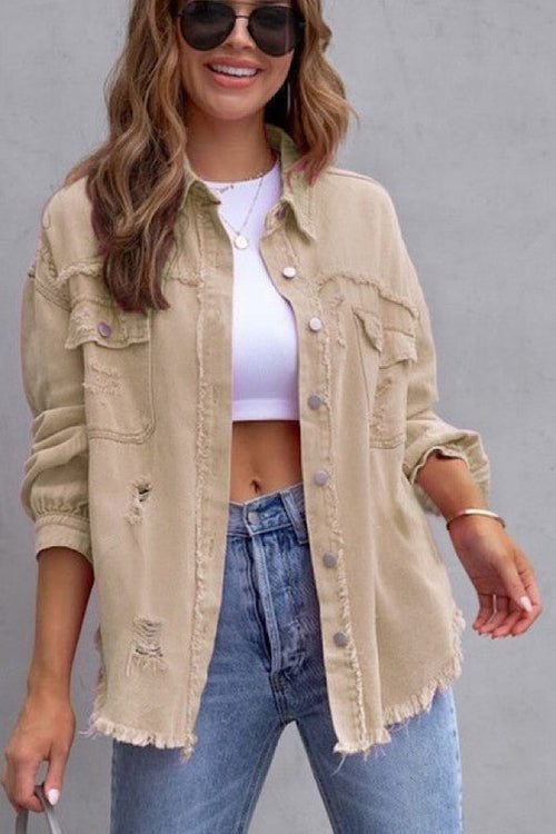 Womens tattered jacket by Jade Icarus featuring distressed fabric and casual fit, shown on a model.