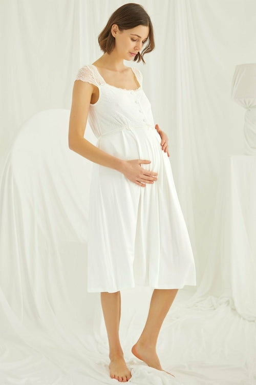 Burgundy Artemis Shopymommy lace maternity and nursing nightgown in ecru, soft fabric with delicate lace details.