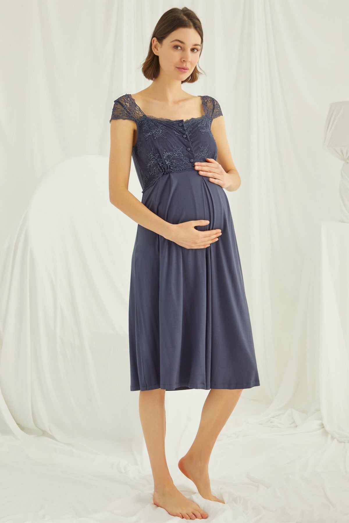 Navy blue lace maternity and nursing nightgown by Burgundy Artemis, featuring soft fabric and adjustable straps for comfort.
