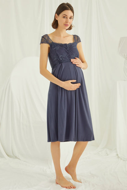 Navy blue lace maternity and nursing nightgown by Burgundy Artemis, featuring soft fabric and adjustable straps for comfort.