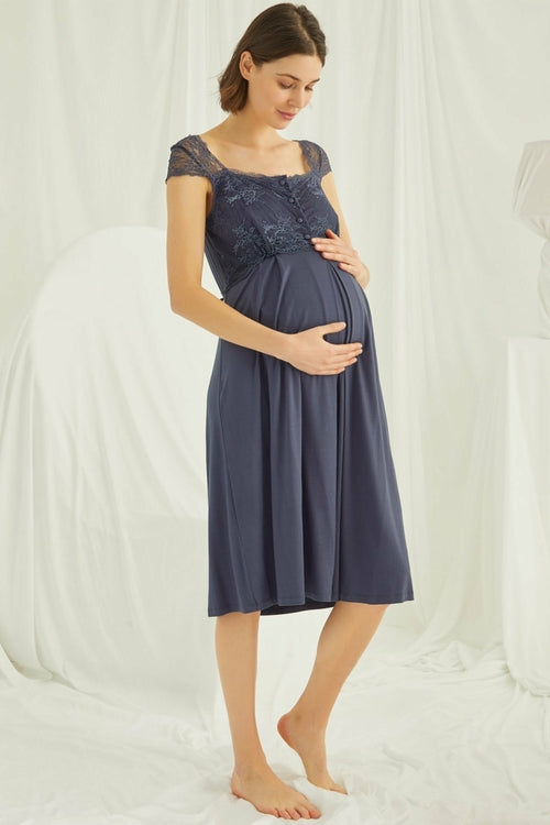 Navy blue lace maternity and nursing nightgown by Burgundy Artemis, featuring soft fabric and lace details for comfortable sleepwear.