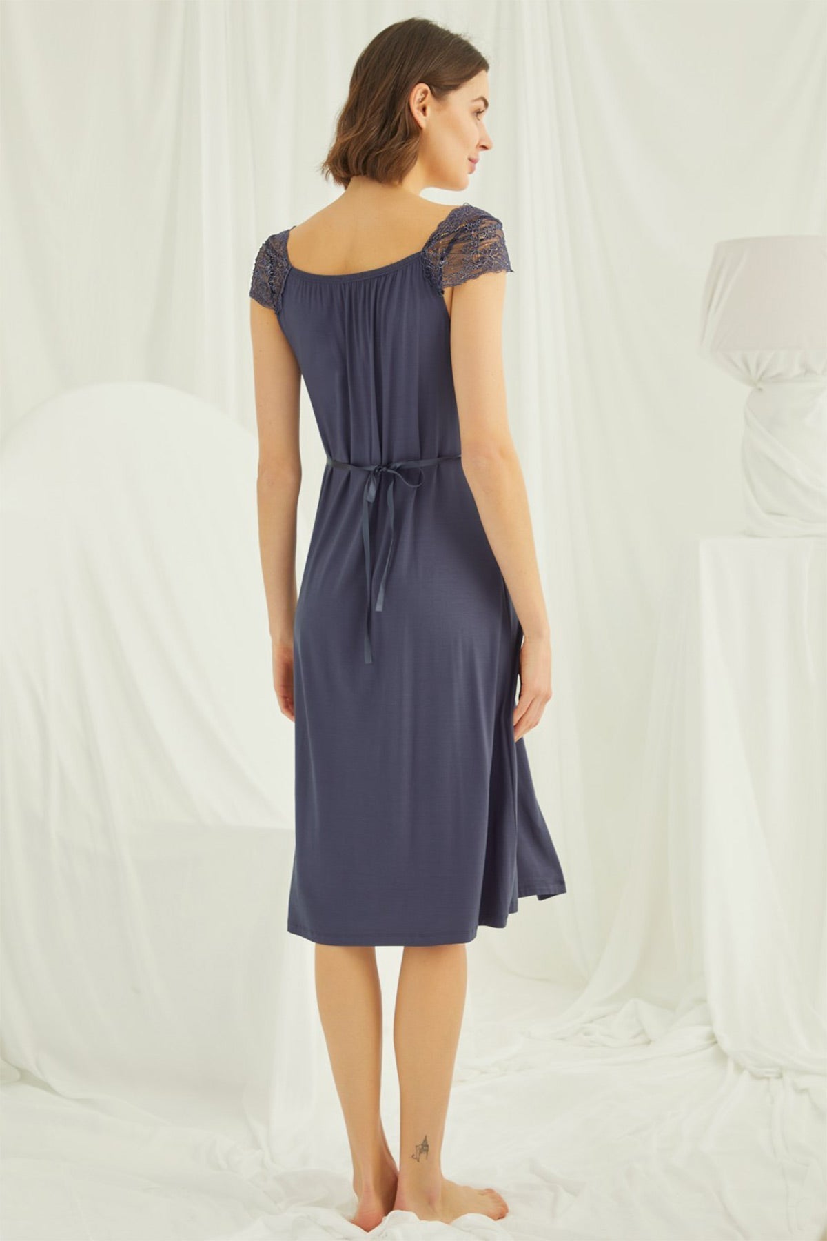 Navy blue lace maternity and nursing nightgown from Burgundy Artemis, featuring soft fabric and delicate lace details.