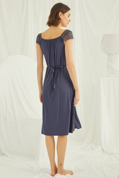 Navy blue lace maternity and nursing nightgown from Burgundy Artemis, featuring soft fabric and delicate lace details.