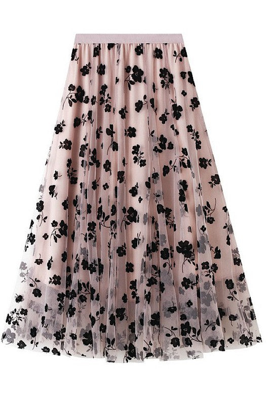 Floral chiffon midi skirt by Jade Icarus, featuring a flowy, patterned fabric with a soft, elegant silhouette.
