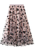 Floral chiffon midi skirt by Jade Icarus featuring colorful flower patterns and lightweight fabric, displayed on a mannequin.