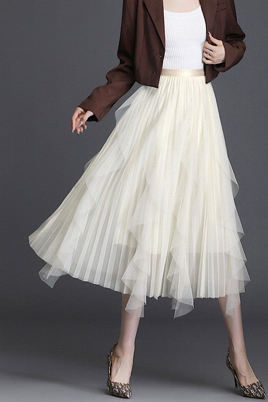 Jade Icarus pleated chiffon midi skirt with flowy fabric and elegant pleats, displayed on a neutral background.
