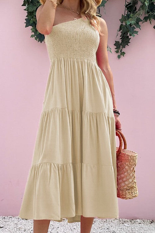 Elegant solid one-shoulder dress for women by Jade Icarus, featuring a stylish design and smooth fabric.
