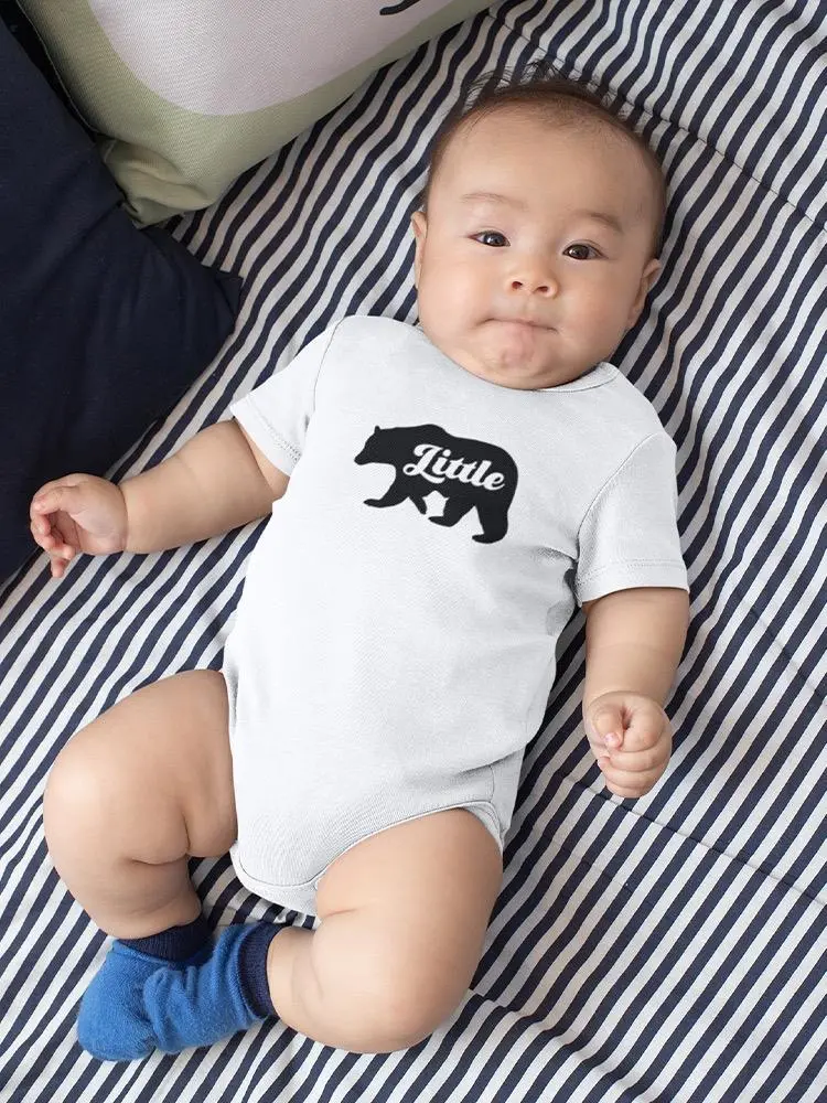 Baby bodysuit by Start2Finish featuring a "Little" bear silhouette design in soft fabric.