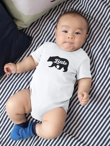 Baby bodysuit by Start2Finish featuring a "Little" bear silhouette design in soft fabric.