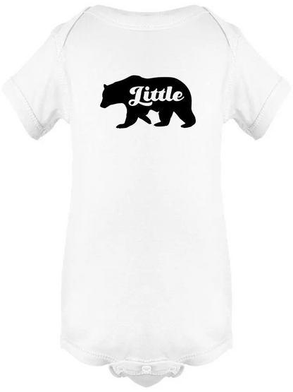 Baby bodysuit by Start2Finish featuring a cute "Little" Bear silhouette design on soft fabric.