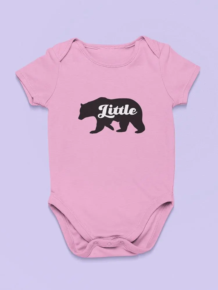 Baby bodysuit by Start2Finish featuring a cute "Little" bear silhouette design on soft fabric.
