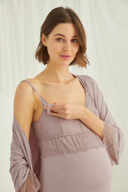 Burgundy Artemis Shopymommy lace strappy maternity and nursing nightgown with matching robe, soft and comfortable lingerie set.