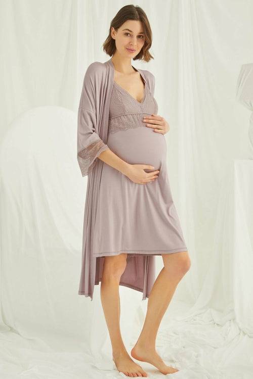 Burgundy Artemis Shopymommy lace strappy maternity and nursing nightgown with matching robe, soft and comfortable lingerie set.