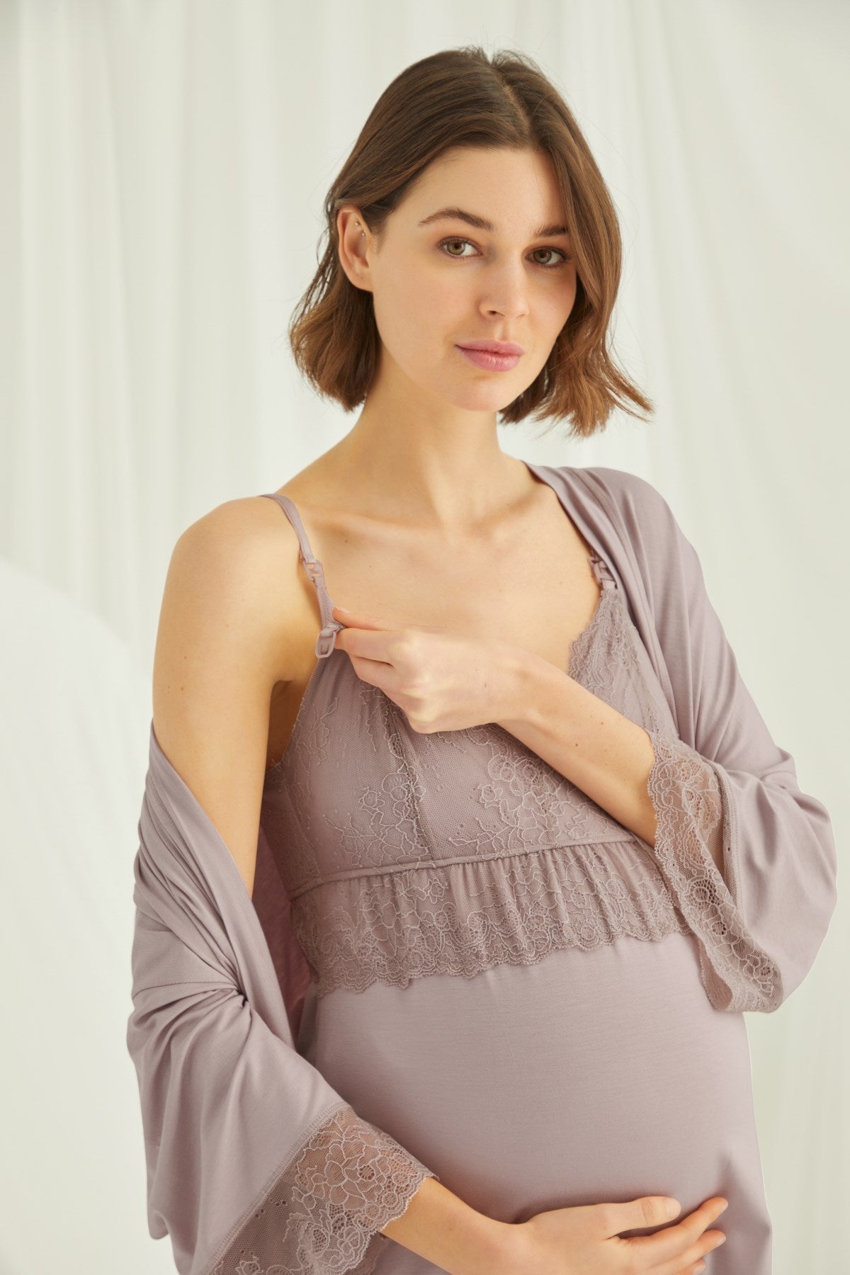 Burgundy Artemis Shopymommy lace strappy 3-piece maternity and nursing pajamas set, featuring lace details and comfortable lingerie style.