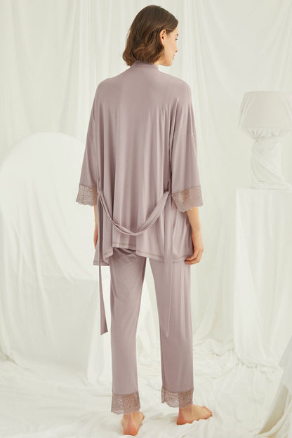 Burgundy Artemis Shopymommy lace strappy 3-piece maternity and nursing pajamas set featuring soft fabric and adjustable straps.