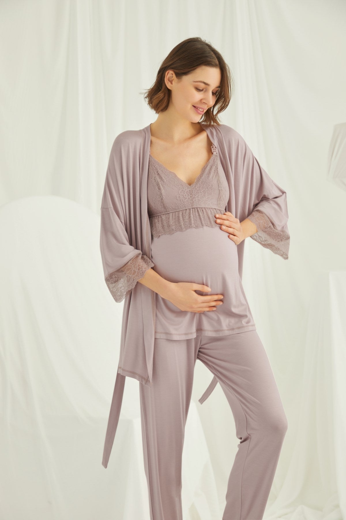 Burgundy Artemis Shopymommy lace strappy 3-piece maternity and nursing pajamas set with comfortable lingerie style.