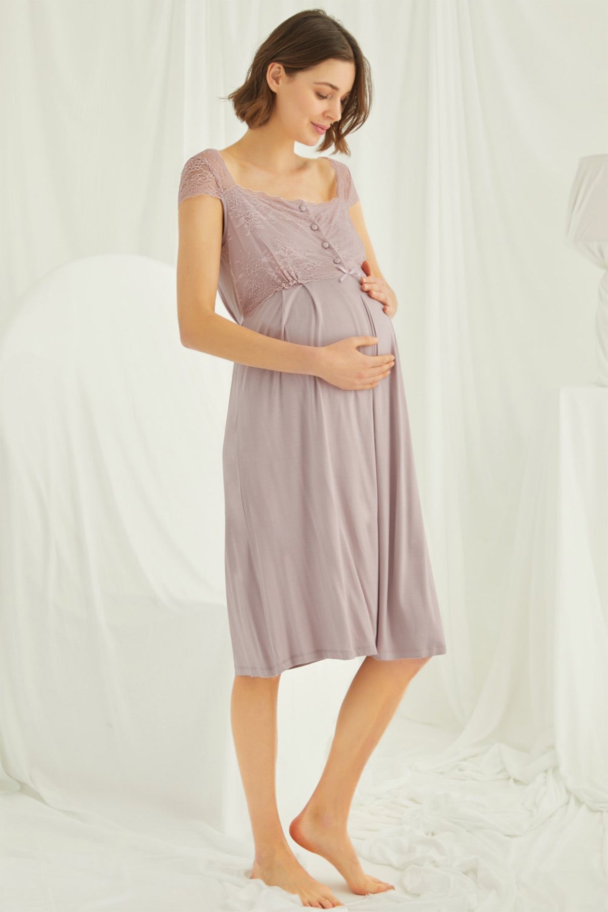 Burgundy Artemis Shopymommy lace maternity and nursing nightgown in coffee color, featuring delicate lace details and comfortable fit.