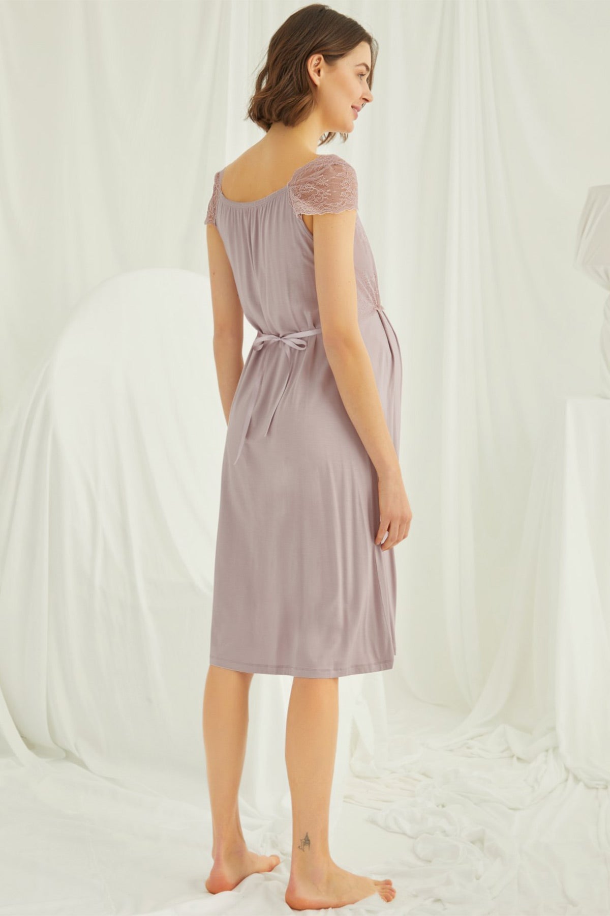 Burgundy Artemis Shopymommy lace maternity and nursing nightgown in coffee color, featuring delicate lace details and comfortable fit.