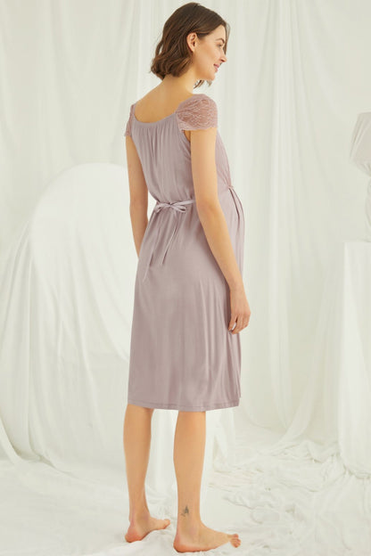 Burgundy Artemis Shopymommy lace maternity and nursing nightgown in coffee color, featuring delicate lace details and comfortable fit.