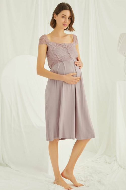 Burgundy Artemis Shopymommy lace maternity and nursing nightgown in coffee color, featuring delicate lace details and comfortable fit.