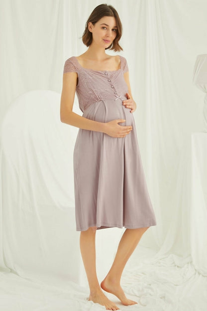 Burgundy Artemis Shopymommy lace maternity and nursing nightgown in coffee color, featuring delicate lace details and comfortable fit.