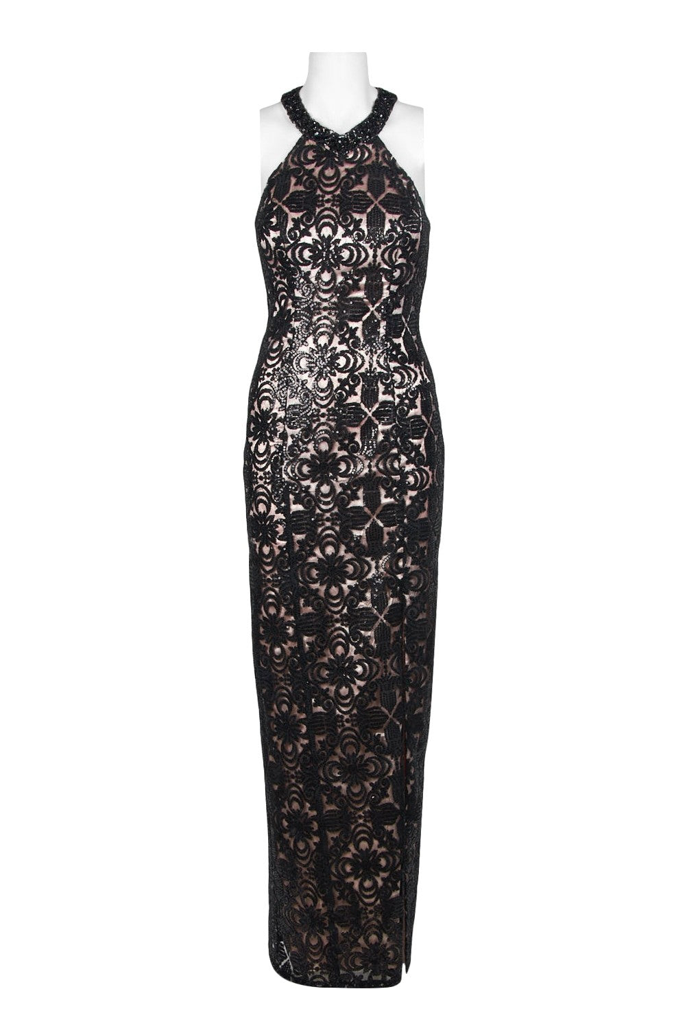 Black and blush embroidered mesh dress with halter neck and cutout back, Crimson Bamboo women&