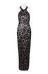 Black and blush embroidered mesh dress with halter neck and cutout back, Crimson Bamboo women&