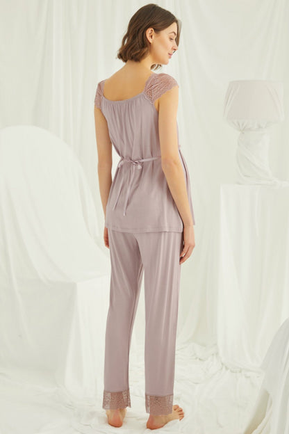 Burgundy Artemis Shopymommy 18440 lace maternity and nursing pajamas in coffee color, featuring soft lace details and comfortable fit.