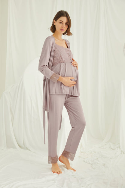 Burgundy Artemis Shopymommy lace 3-piece maternity and nursing pajamas set with matching robe, soft and comfortable lingerie for new moms.