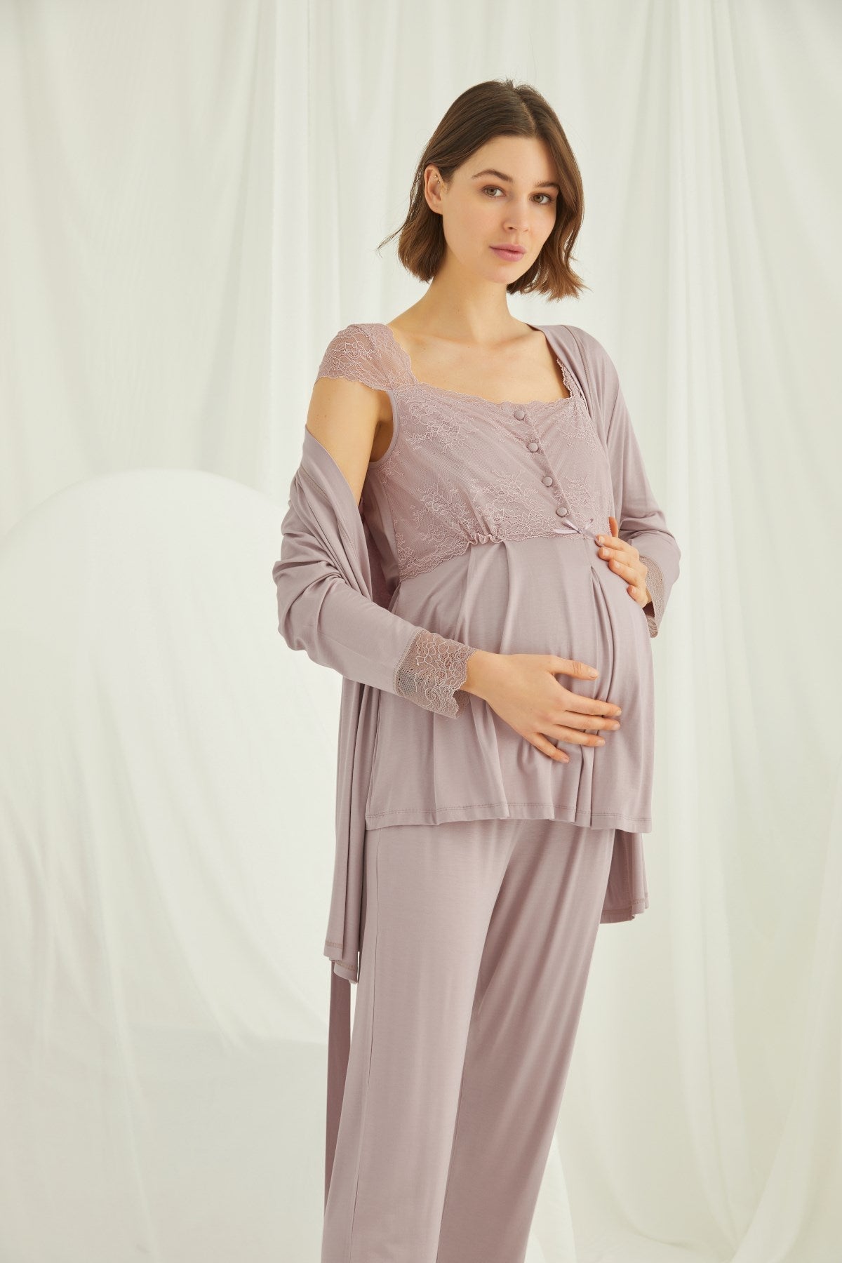 Burgundy Artemis Shopymommy lace 3-piece maternity and nursing pajamas set with matching robe, featuring soft fabric and delicate lace details.