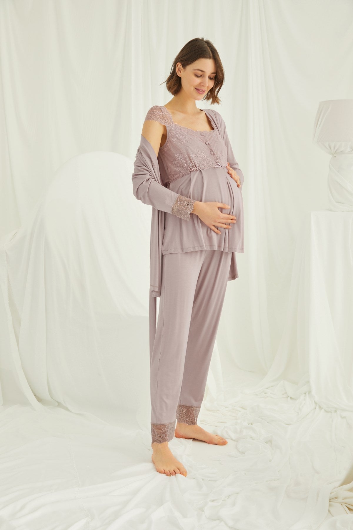 Burgundy Artemis Shopymommy lace 3-piece maternity and nursing pajamas set with matching robe, soft and comfortable lingerie for new moms.