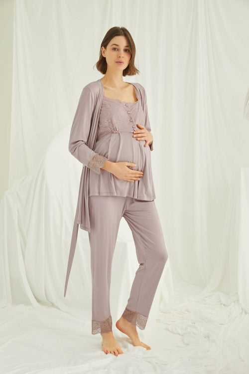 Burgundy Artemis Shopymommy 18441 lace maternity and nursing pajamas set with matching robe, featuring soft fabric and elegant design.