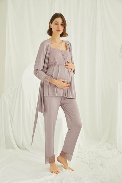 Burgundy Artemis Shopymommy 18441 lace maternity and nursing pajamas set with matching robe, featuring soft fabric and elegant design.